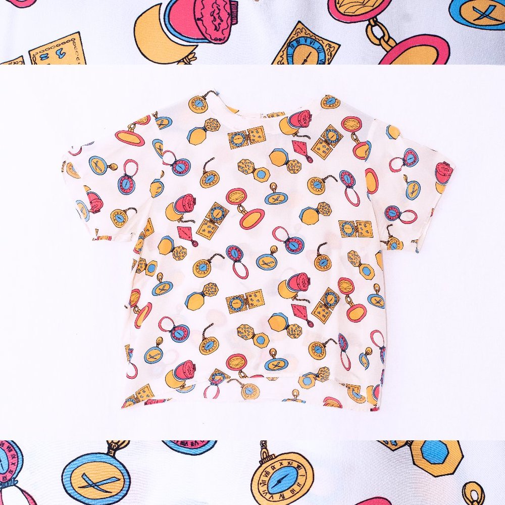 Vintage 80s Bold Cute Yellow Blue Pink Anna & Frank Silk Pocket Watch Blouse